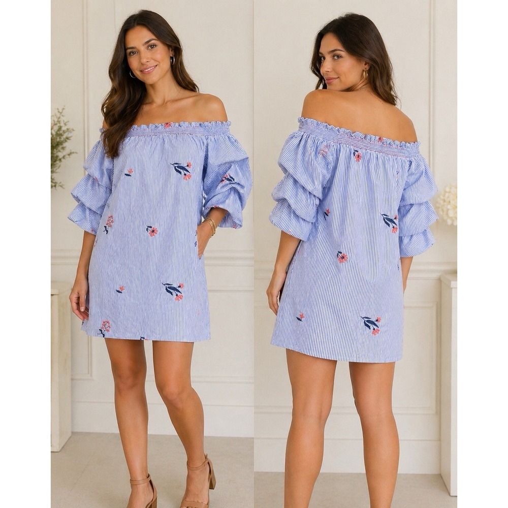 Le Lis Blue White Striped Floral Embroidered Off Shoulder Ruffle Dress ND1020 S